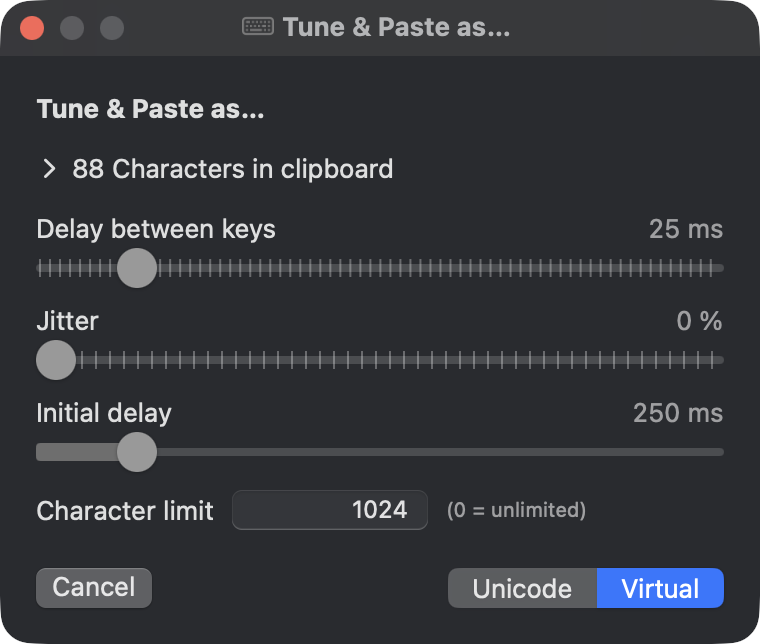 The PasteKeys Tune & Paste window, with sliders for typing speed and buttons to paste as Unicode or Virtual keys