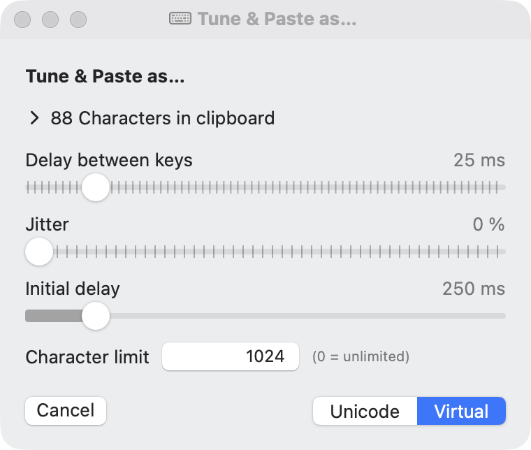 The PasteKeys Tune & Paste window, with sliders for typing speed and buttons to paste as Unicode or Virtual keys